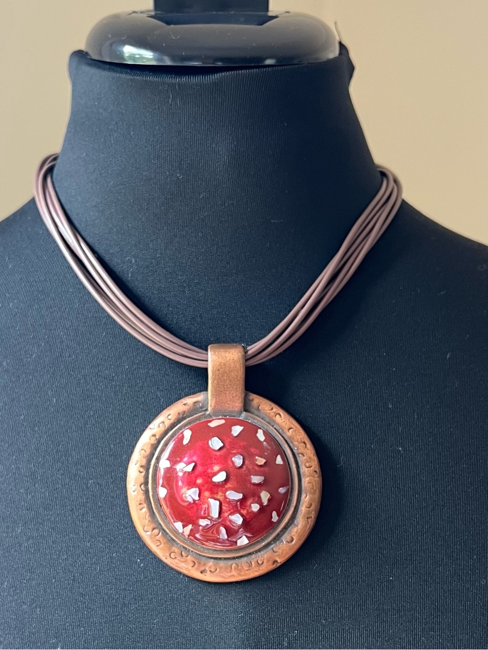 Artisan Copper Red Enamel Pendant Faux Leather Cord 19" Necklace Art To Wear
